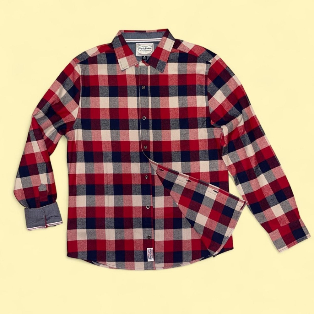 Flag & Anthem Mens Red Navy Blue Buffalo Plaid Flannel Button Down Shirt NWT M